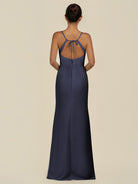 KissDress-Unity Dusk Blue Sheath Spaghetti Straps Chiffon Ruched Long Bridesmaid Dress