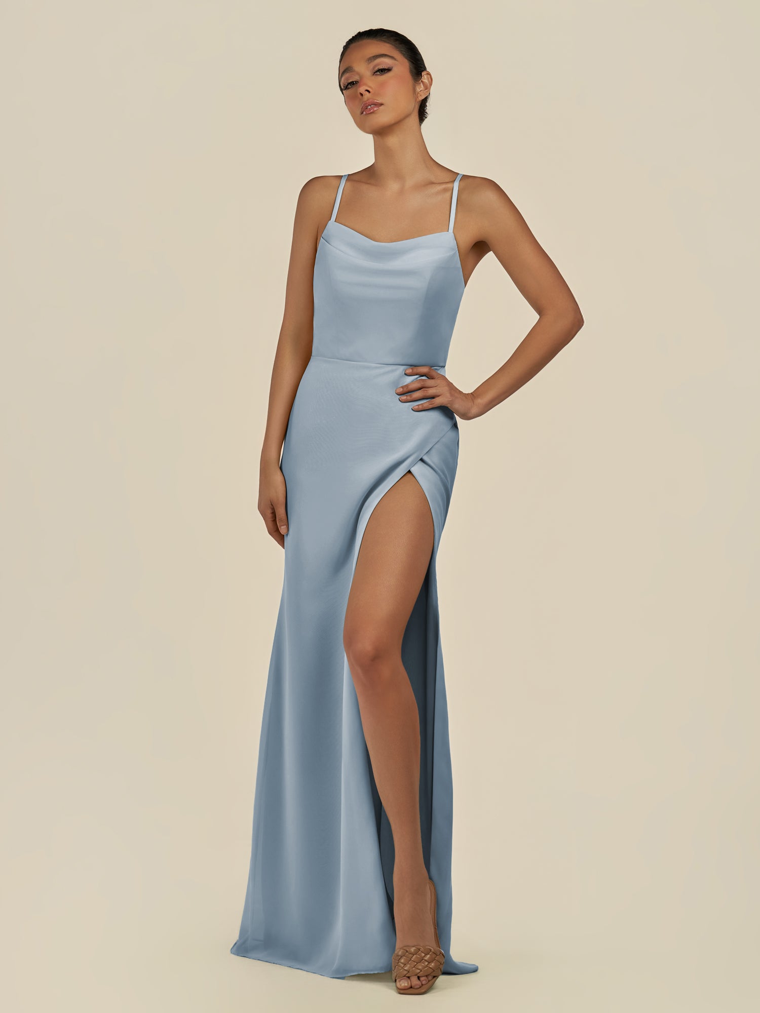 KissDress-Unity Dusty Blue Sheath Spaghetti Straps Chiffon Ruched Long Bridesmaid Dress