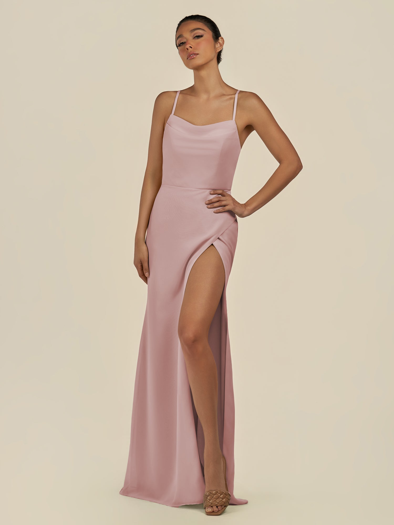 KissDress-Unity Dusty Rose Sheath Spaghetti Straps Chiffon Ruched Long Bridesmaid Dress