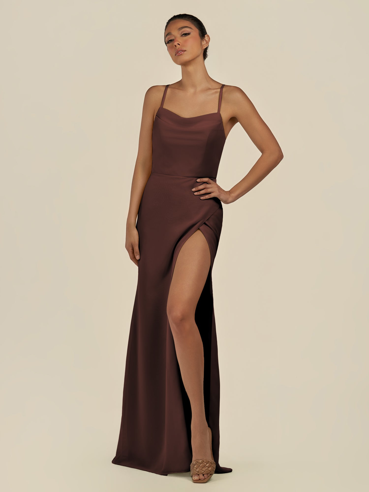 KissDress-Unity Espresso Sheath Spaghetti Straps Chiffon Ruched Long Bridesmaid Dress