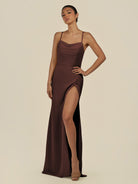 KissDress-Unity Espresso Sheath Spaghetti Straps Chiffon Ruched Long Bridesmaid Dress