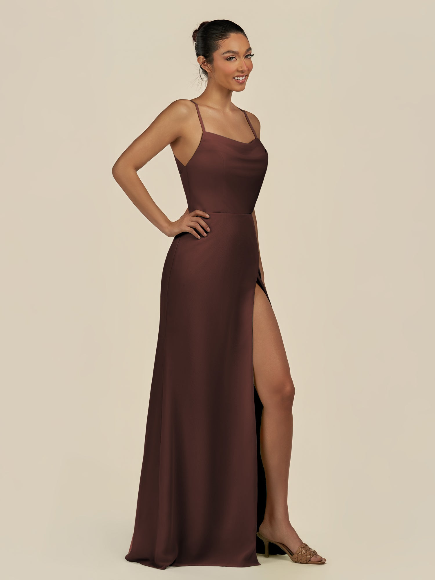 KissDress-Unity Espresso Sheath Spaghetti Straps Chiffon Ruched Long Bridesmaid Dress