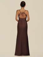 KissDress-Unity Espresso Sheath Spaghetti Straps Chiffon Ruched Long Bridesmaid Dress