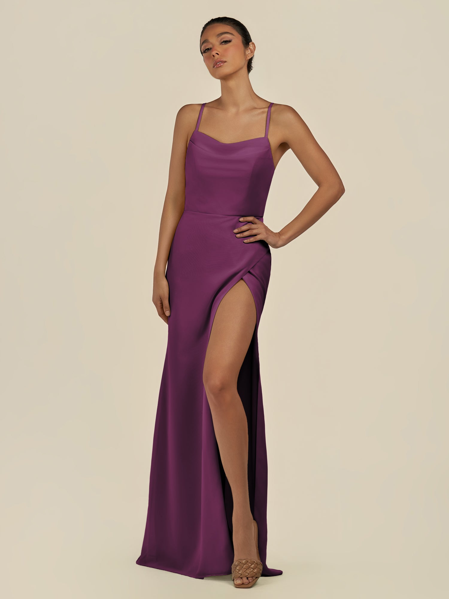 KissDress-Unity Fig Sheath Spaghetti Straps Chiffon Ruched Long Bridesmaid Dress