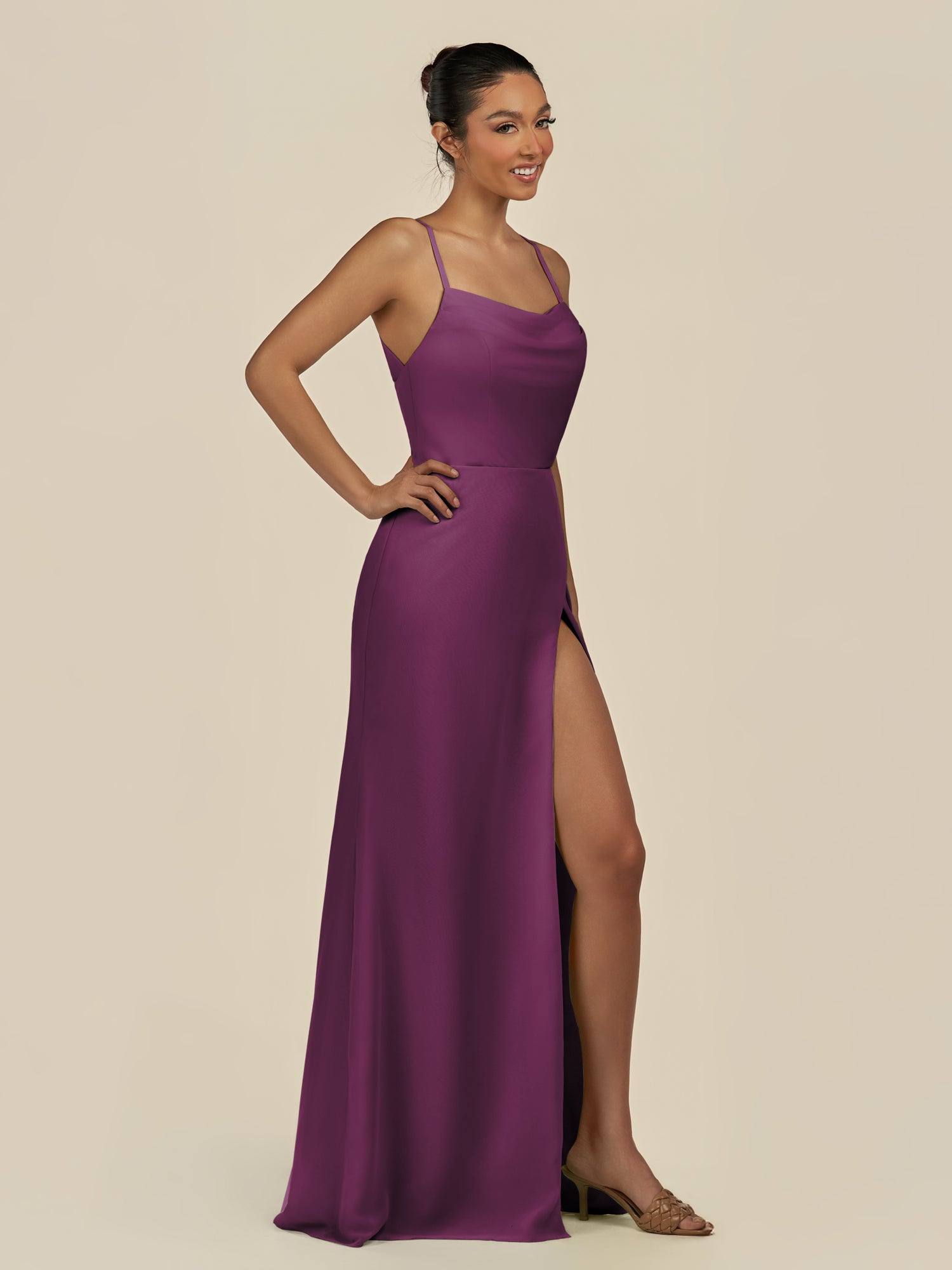 KissDress-Unity Fig Sheath Spaghetti Straps Chiffon Ruched Long Bridesmaid Dress