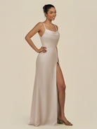 KissDress-Unity Frost Sheath Spaghetti Straps Chiffon Ruched Long Bridesmaid Dress