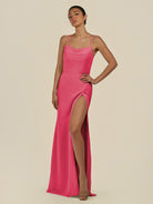 KissDress-Unity Fuchsia Sheath Spaghetti Straps Chiffon Ruched Long Bridesmaid Dress