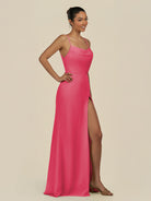 KissDress-Unity Fuchsia Sheath Spaghetti Straps Chiffon Ruched Long Bridesmaid Dress