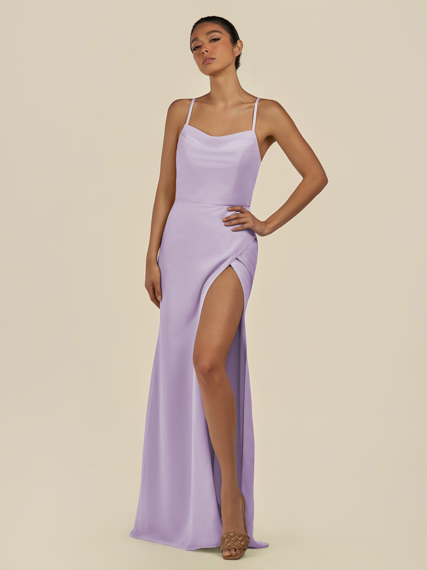 KissDress-Unity Lavender Sheath Spaghetti Straps Chiffon Ruched Long Bridesmaid Dress