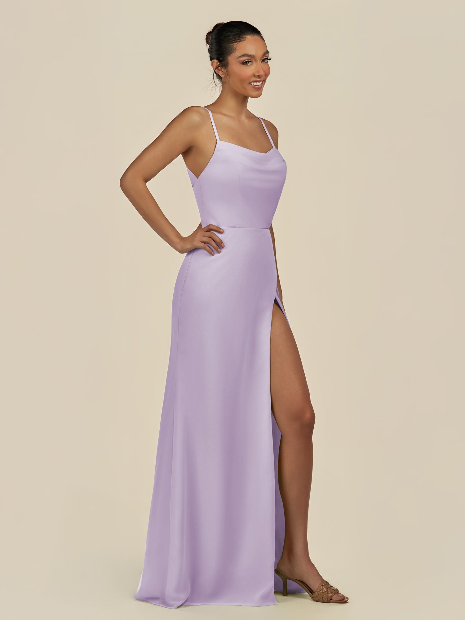 KissDress-Unity Lavender Sheath Spaghetti Straps Chiffon Ruched Long Bridesmaid Dress