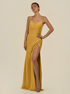 KissDress-Unity Marigold Sheath Spaghetti Straps Chiffon Ruched Long Bridesmaid Dress