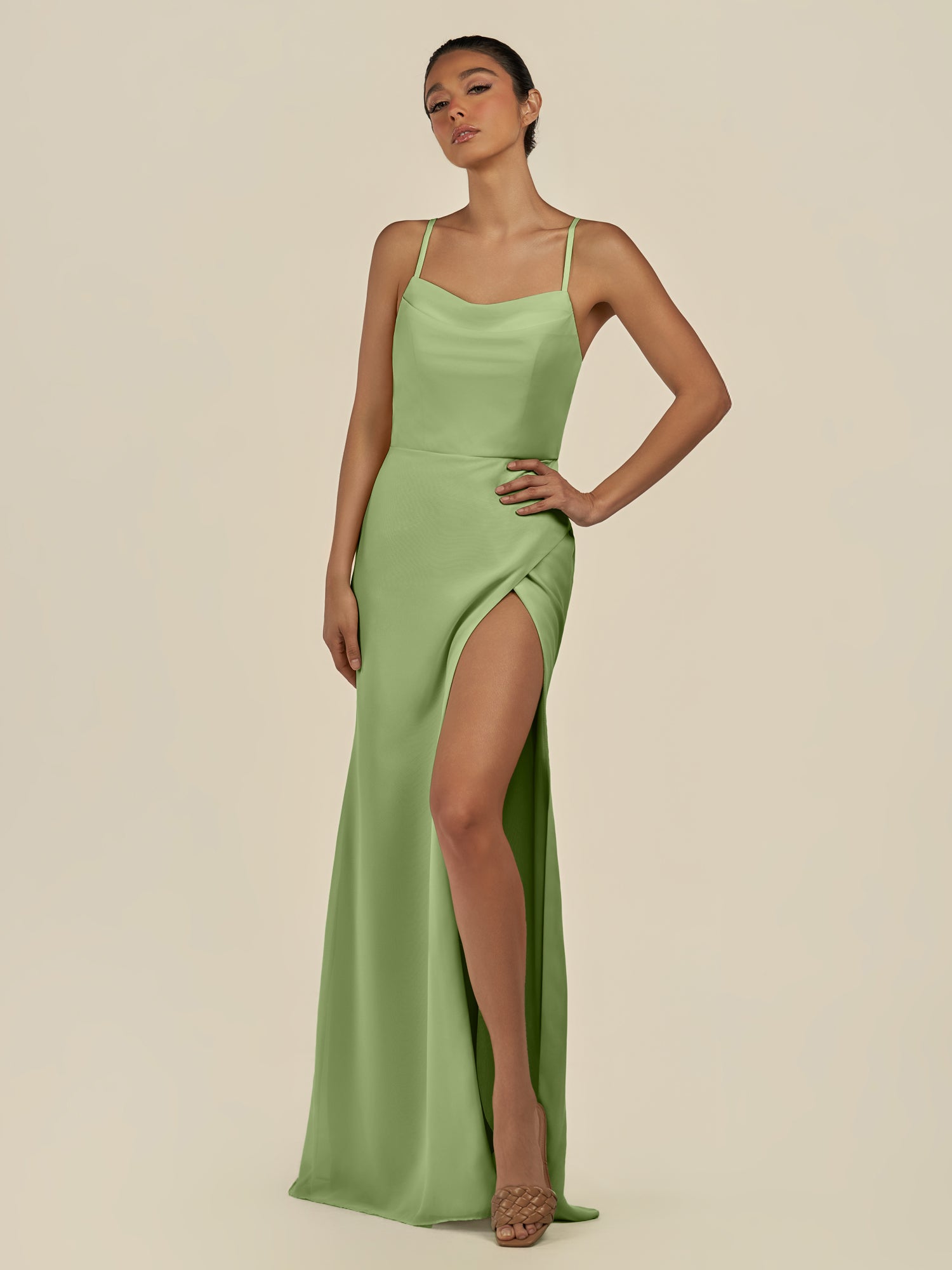 KissDress-Unity Matcha Sheath Spaghetti Straps Chiffon Ruched Long Bridesmaid Dress