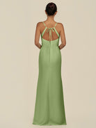 KissDress-Unity Matcha Sheath Spaghetti Straps Chiffon Ruched Long Bridesmaid Dress