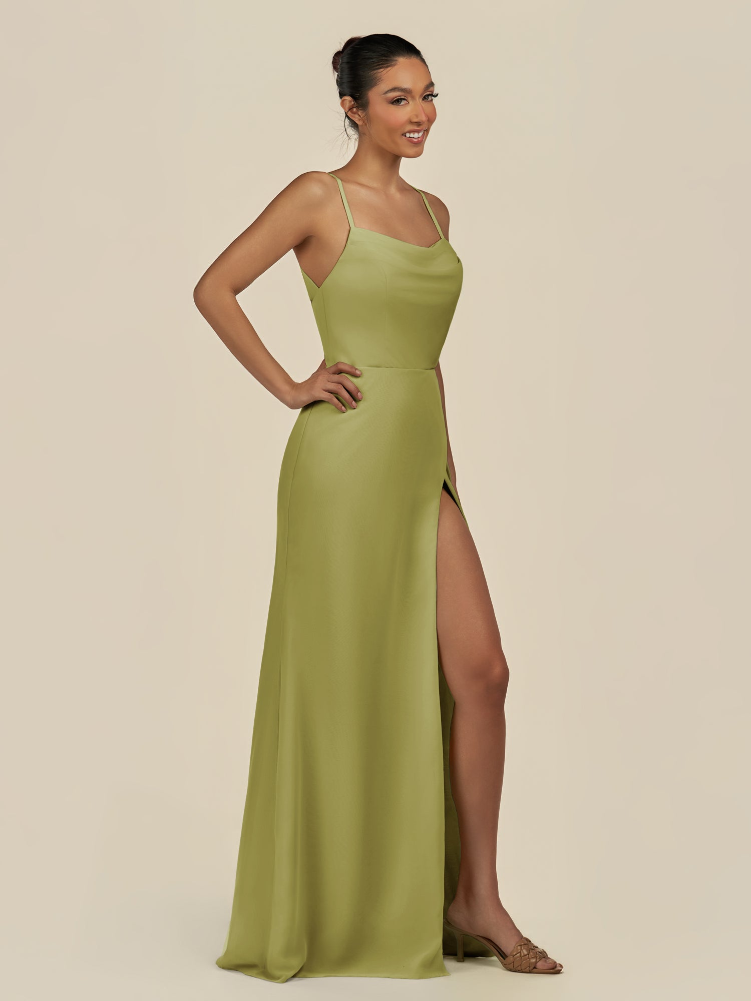 KissDress-Unity Moss Green Sheath Spaghetti Straps Chiffon Ruched Long Bridesmaid Dress