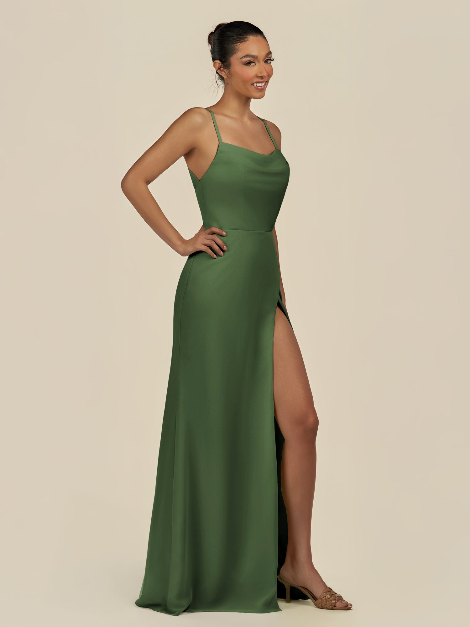 KissDress-Unity Moss Sheath Spaghetti Straps Chiffon Ruched Long Bridesmaid Dress