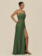 KissDress-Unity Moss Sheath Spaghetti Straps Chiffon Ruched Long Bridesmaid Dress