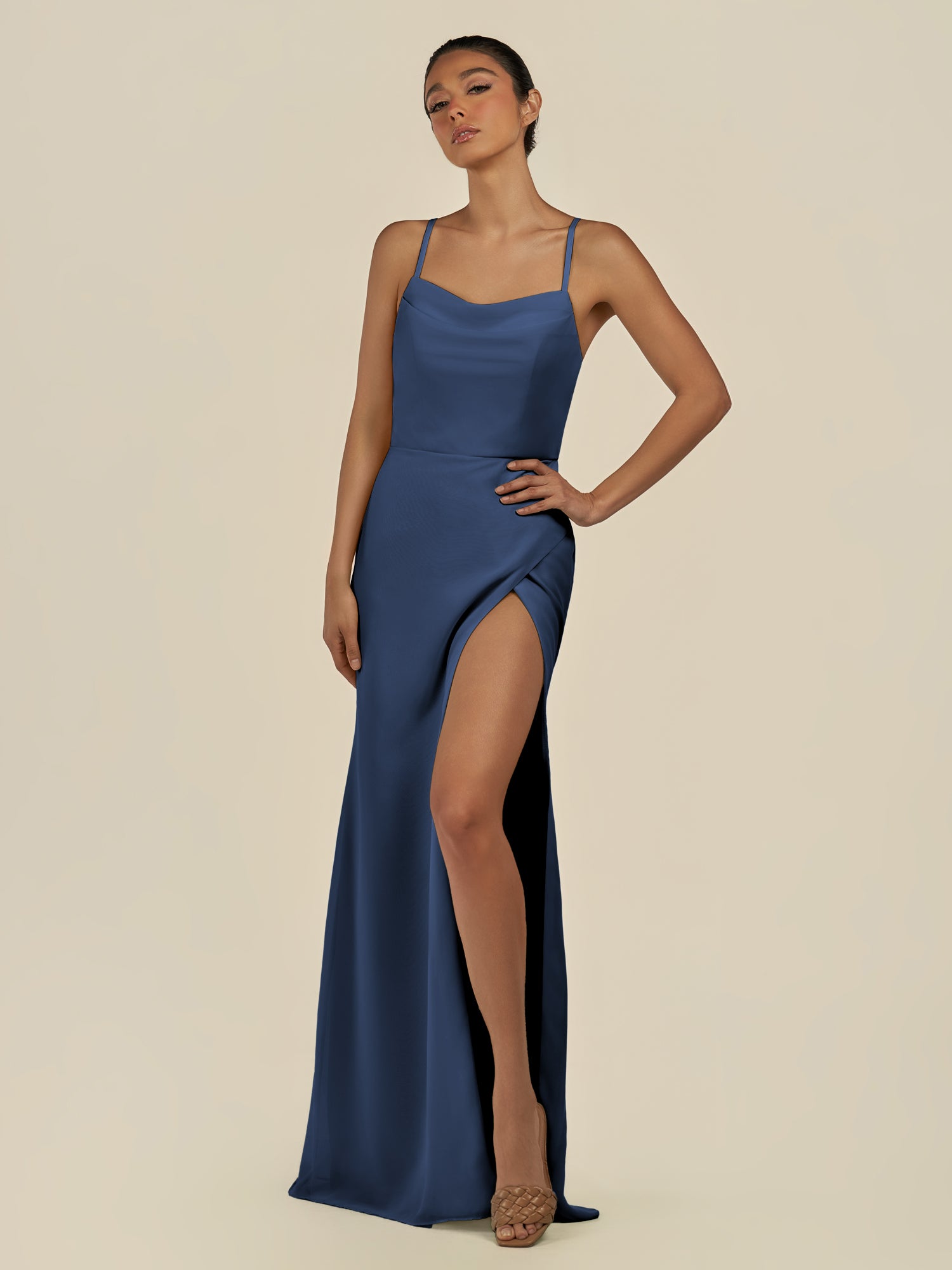 KissDress-Unity Navy Sheath Spaghetti Straps Chiffon Ruched Long Bridesmaid Dress