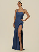 KissDress-Unity Navy Sheath Spaghetti Straps Chiffon Ruched Long Bridesmaid Dress