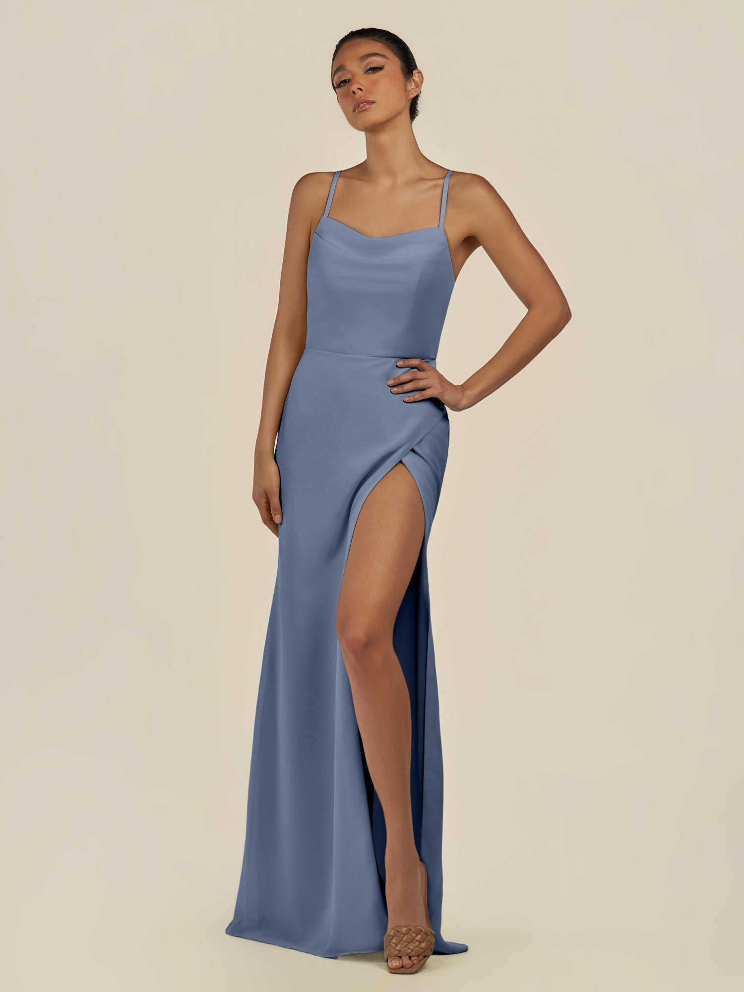 KissDress-Unity Neptune Sheath Spaghetti Straps Chiffon Ruched Long Bridesmaid Dress