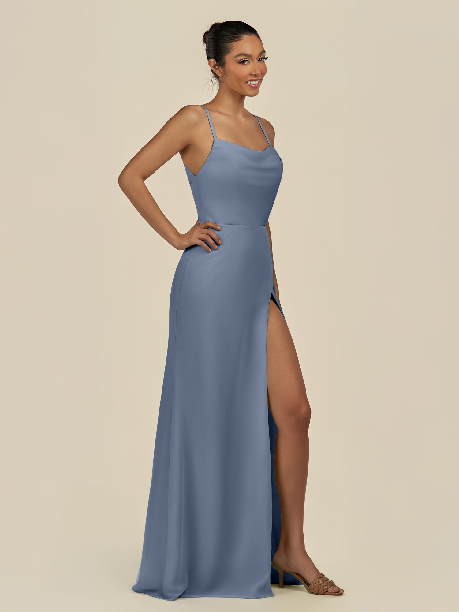 KissDress-Unity Neptune Sheath Spaghetti Straps Chiffon Ruched Long Bridesmaid Dress