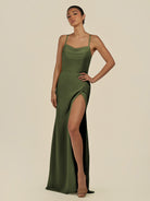 KissDress-Unity Olive Sheath Spaghetti Straps Chiffon Ruched Long Bridesmaid Dress