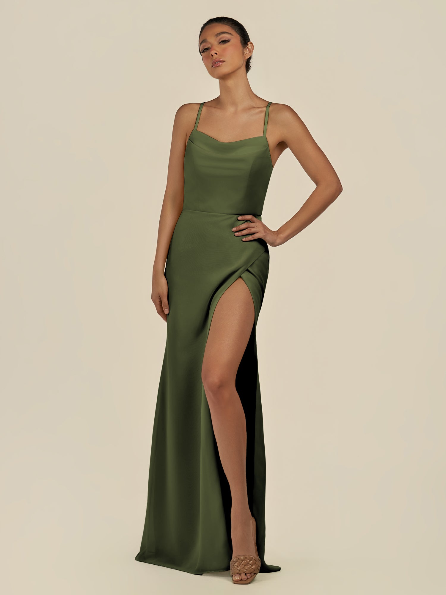 KissDress-Unity Olive Sheath Spaghetti Straps Chiffon Ruched Long Bridesmaid Dress