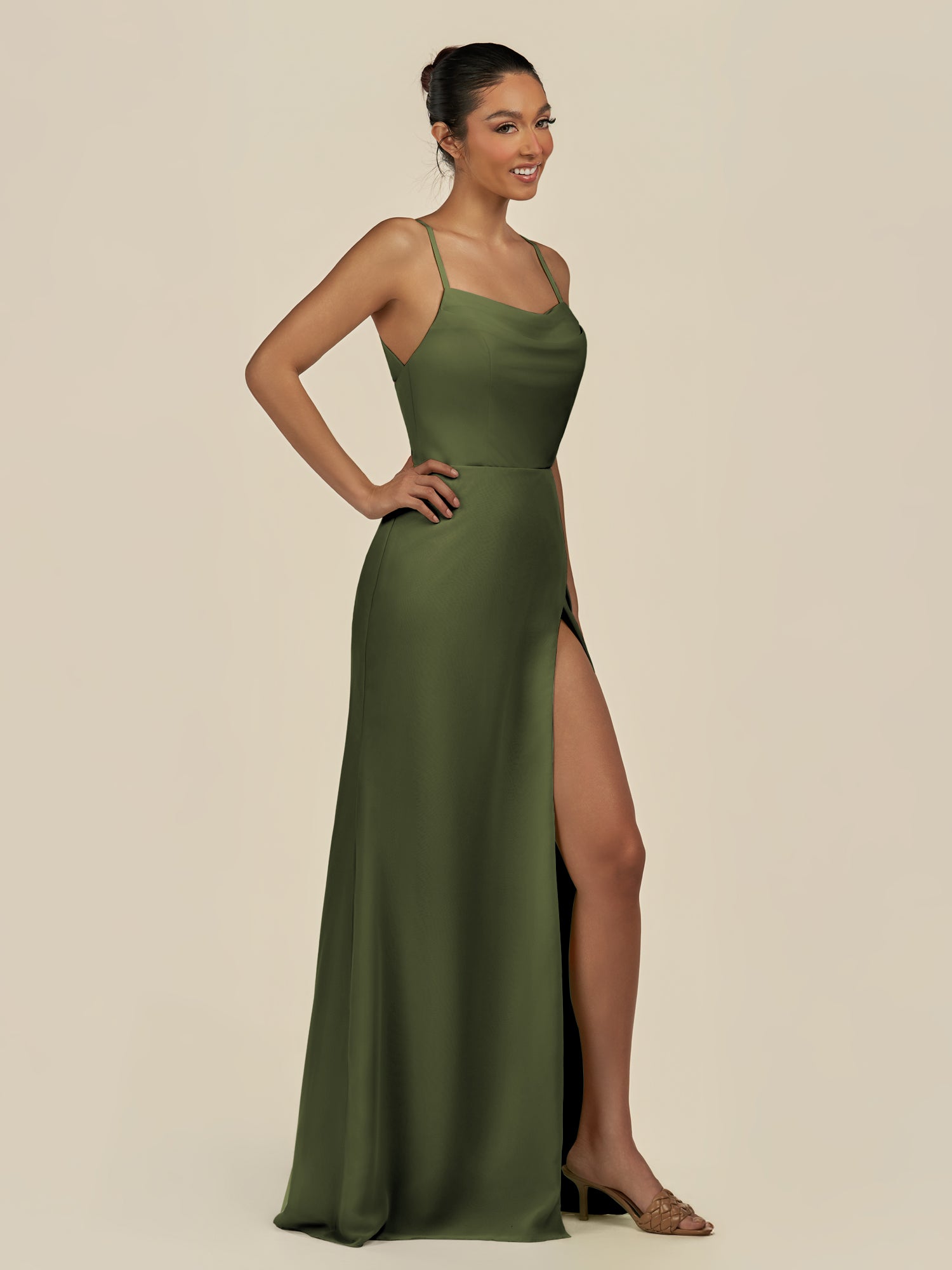 KissDress-Unity Olive Sheath Spaghetti Straps Chiffon Ruched Long Bridesmaid Dress