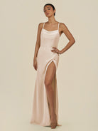 KissDress-Unity Pale Blush Sheath Spaghetti Straps Chiffon Ruched Long Bridesmaid Dress