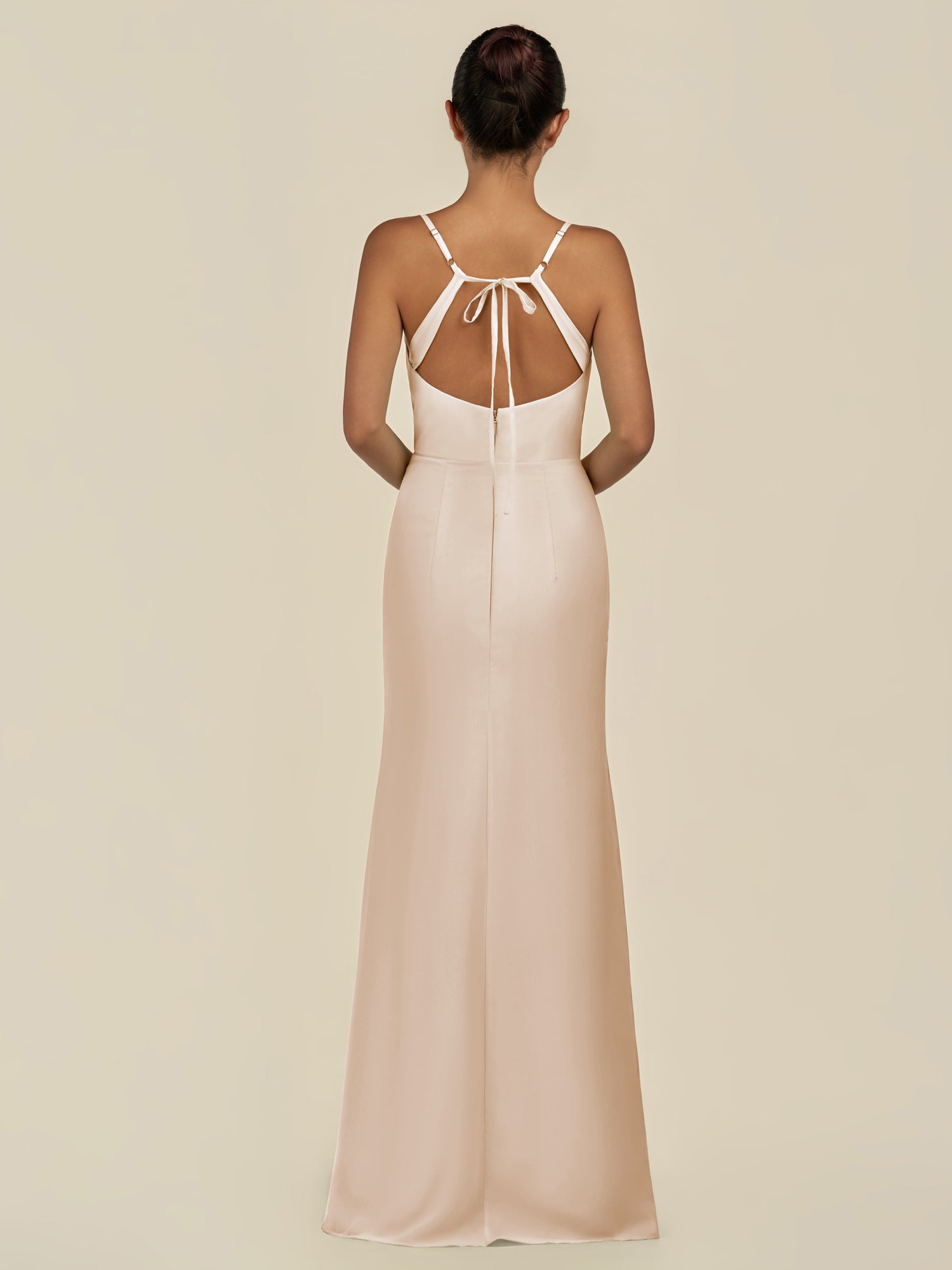 KissDress-Unity Pale Blush Sheath Spaghetti Straps Chiffon Ruched Long Bridesmaid Dress