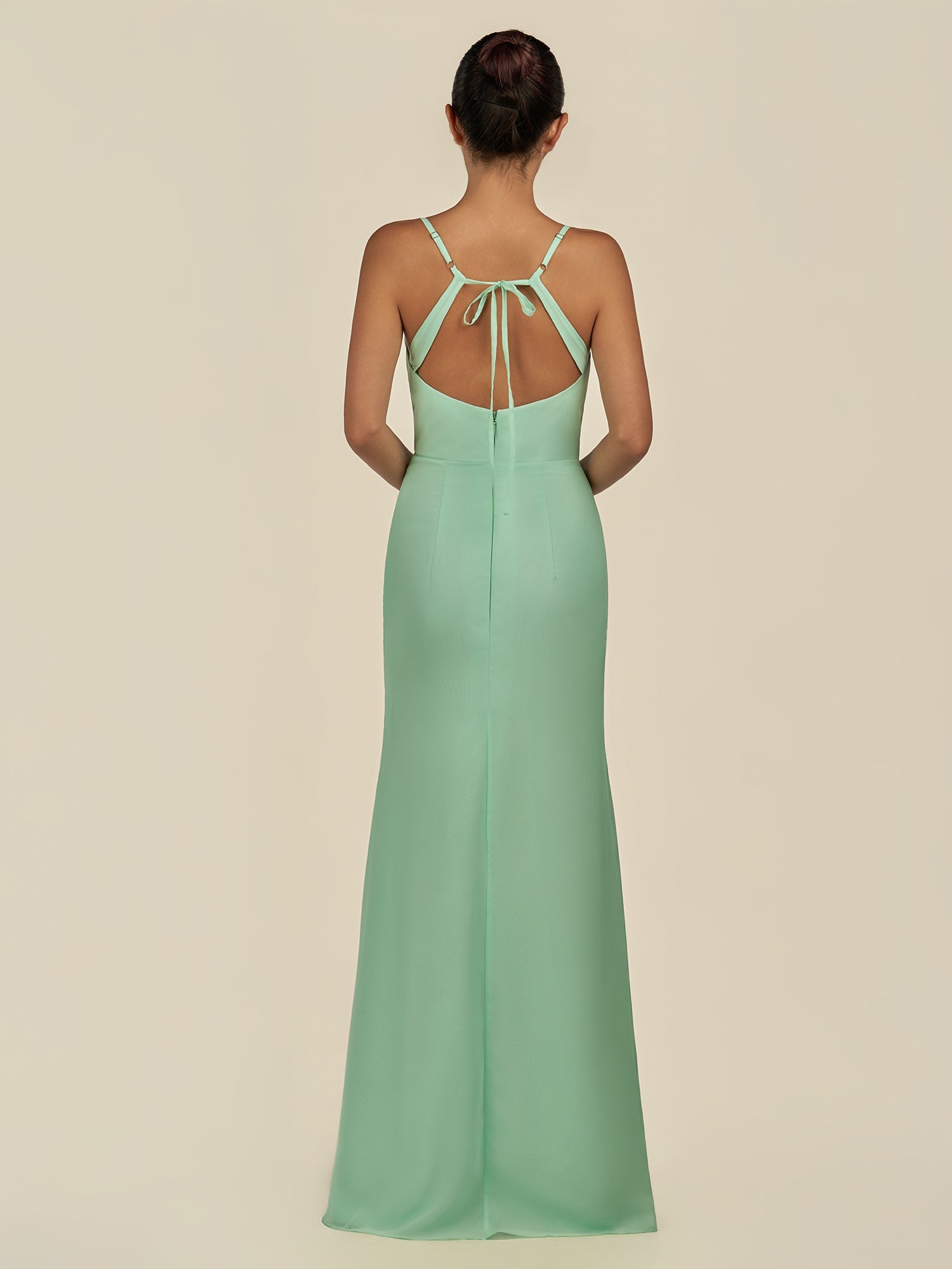 KissDress-Unity Pale Pistachio Sheath Spaghetti Straps Chiffon Ruched Long Bridesmaid Dress