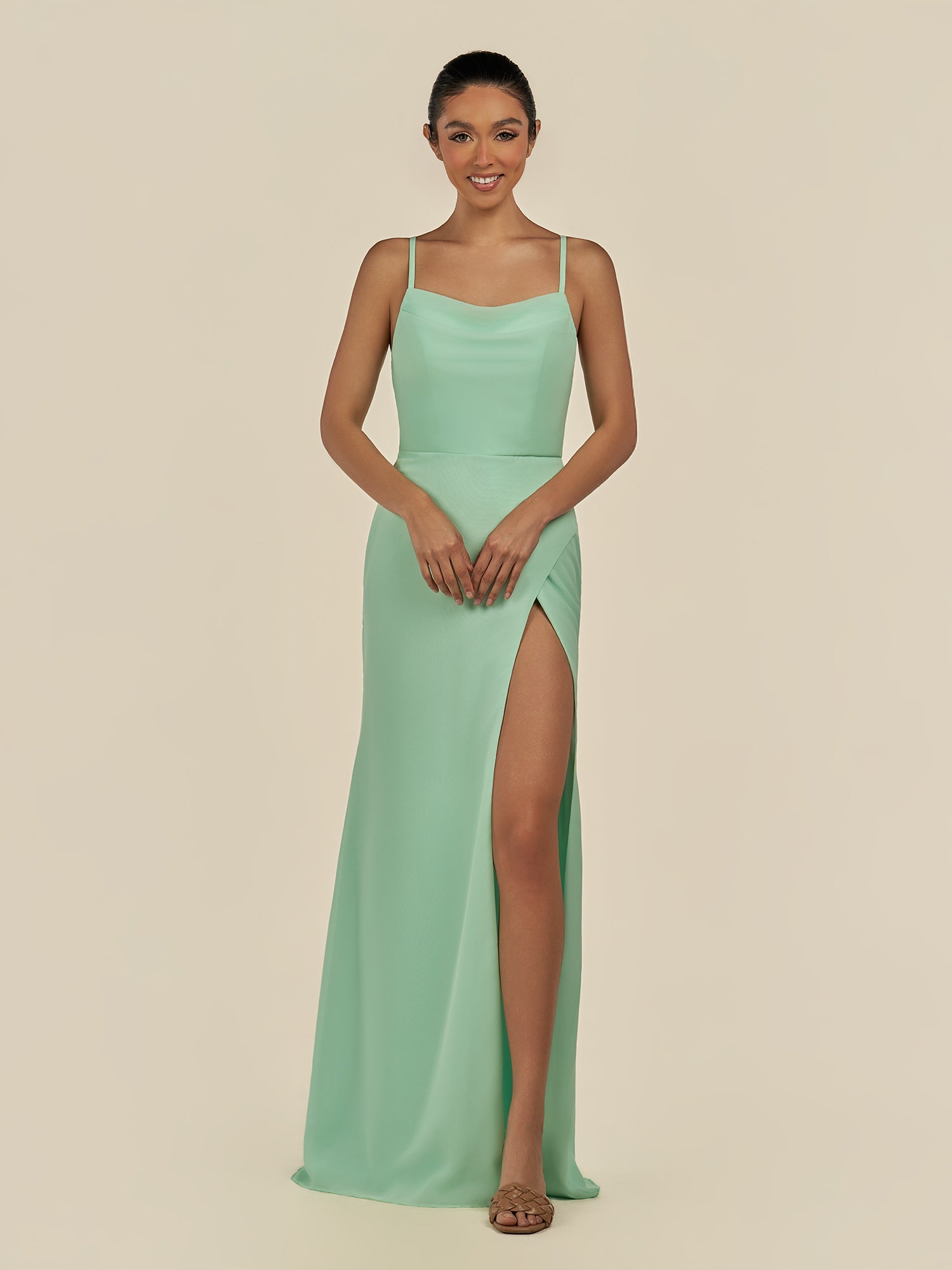 KissDress-Unity Pale Pistachio Sheath Spaghetti Straps Chiffon Ruched Long Bridesmaid Dress