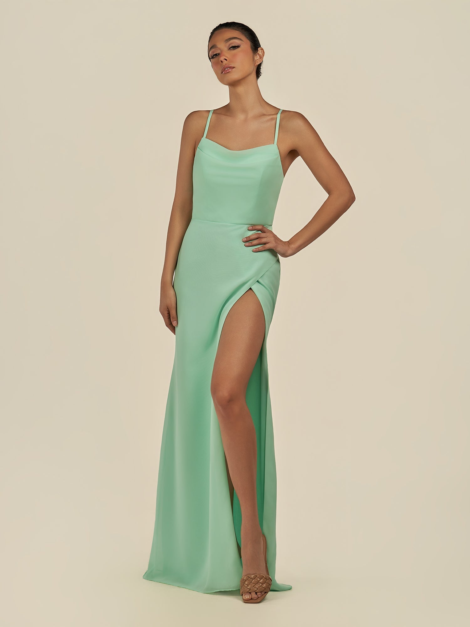 KissDress-Unity Pale Pistachio Sheath Spaghetti Straps Chiffon Ruched Long Bridesmaid Dress