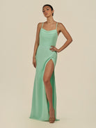 KissDress-Unity Pale Pistachio Sheath Spaghetti Straps Chiffon Ruched Long Bridesmaid Dress