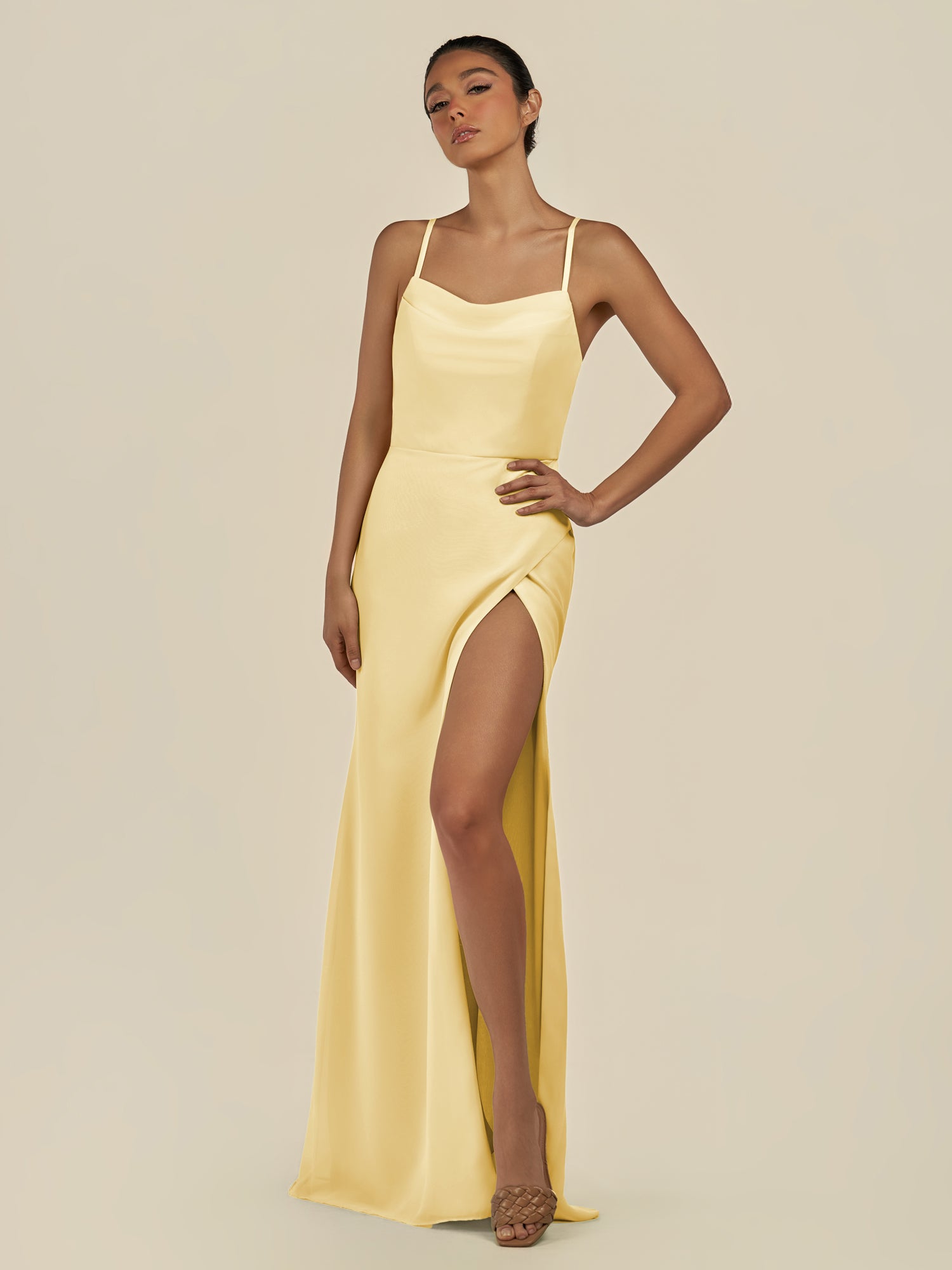 KissDress-Unity Pastel Yellow Sheath Spaghetti Straps Chiffon Ruched Long Bridesmaid Dress