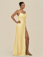 KissDress-Unity Pastel Yellow Sheath Spaghetti Straps Chiffon Ruched Long Bridesmaid Dress
