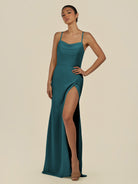 KissDress-Unity Pine Sheath Spaghetti Straps Chiffon Ruched Long Bridesmaid Dress