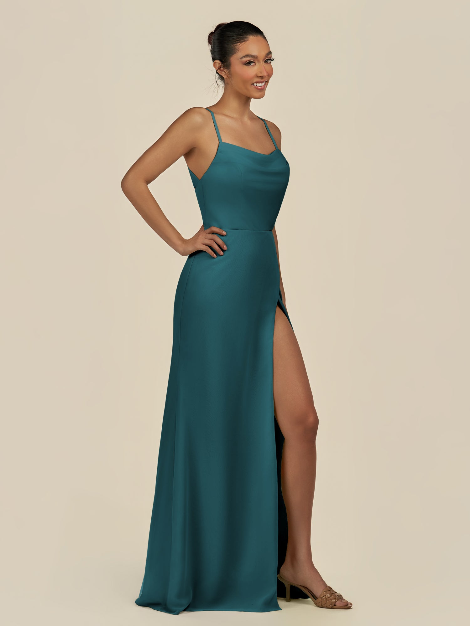 KissDress-Unity Pine Sheath Spaghetti Straps Chiffon Ruched Long Bridesmaid Dress