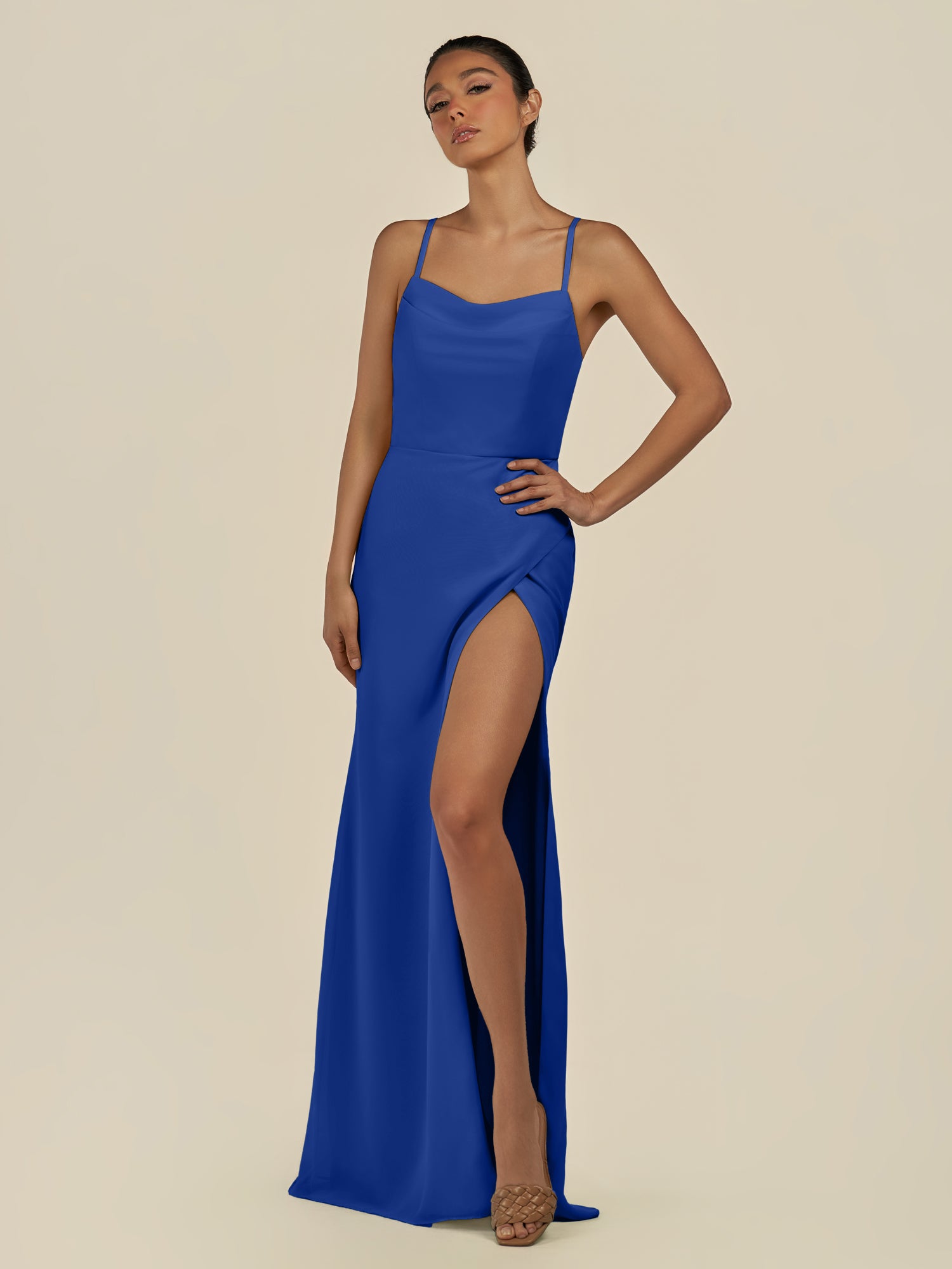 KissDress-Unity Royal Blue Sheath Spaghetti Straps Chiffon Ruched Long Bridesmaid Dress