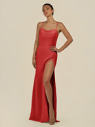 KissDress-Unity Ruby Red Sheath Spaghetti Straps Chiffon Ruched Long Bridesmaid Dress