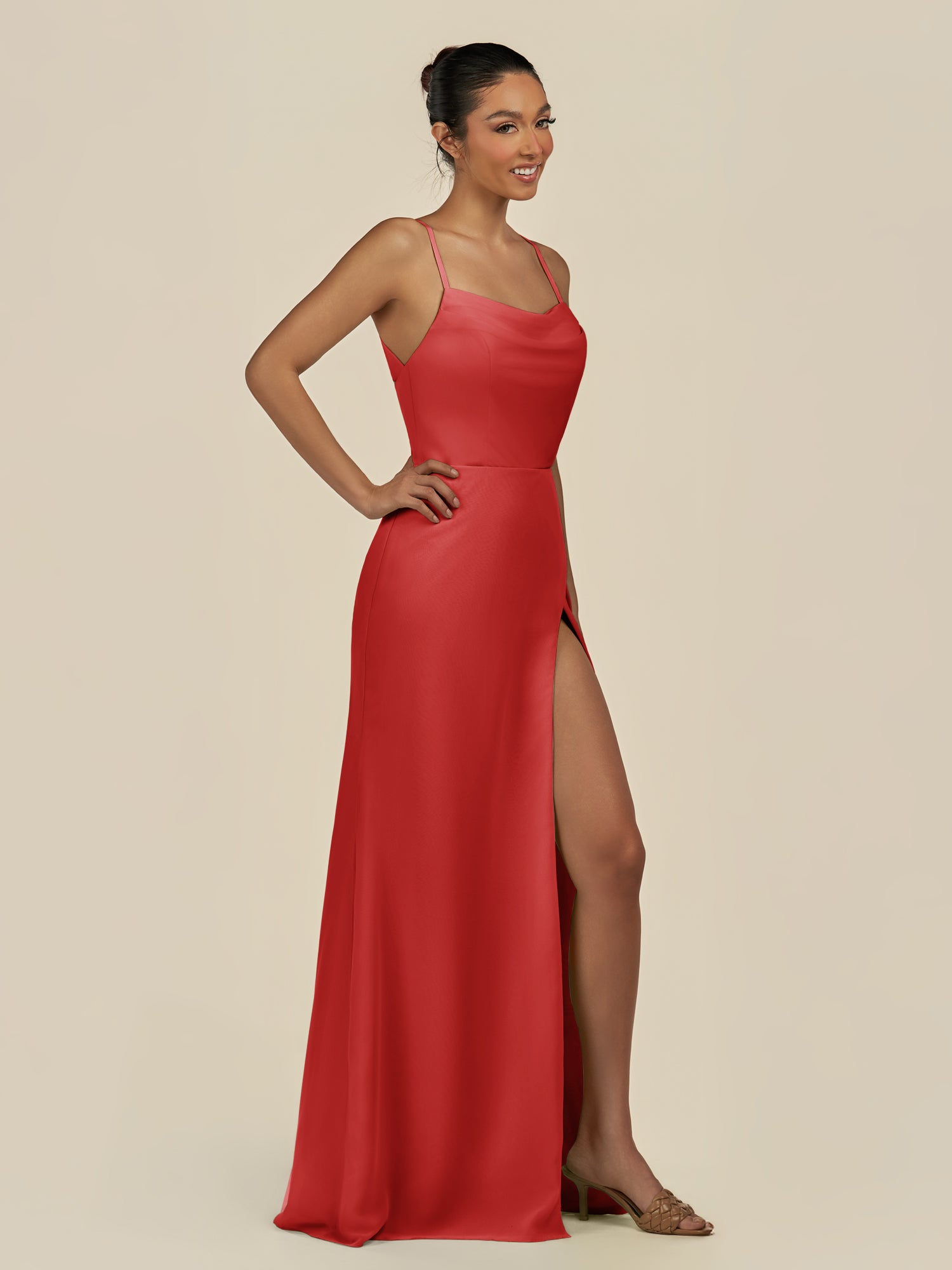 KissDress-Unity Ruby Red Sheath Spaghetti Straps Chiffon Ruched Long Bridesmaid Dress