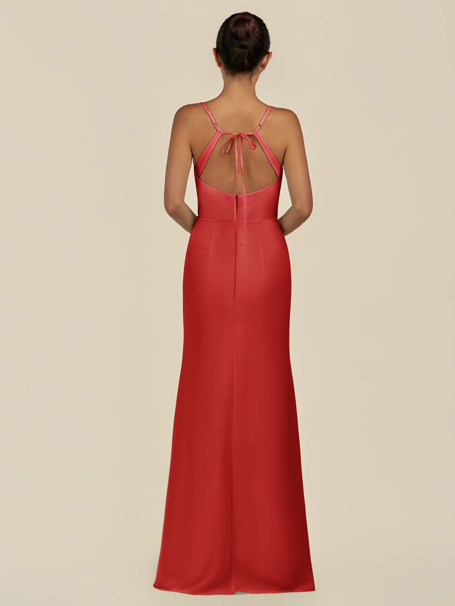 KissDress-Unity Ruby Red Sheath Spaghetti Straps Chiffon Ruched Long Bridesmaid Dress