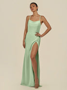 KissDress-Unity Sage Sheath Spaghetti Straps Chiffon Ruched Long Bridesmaid Dress