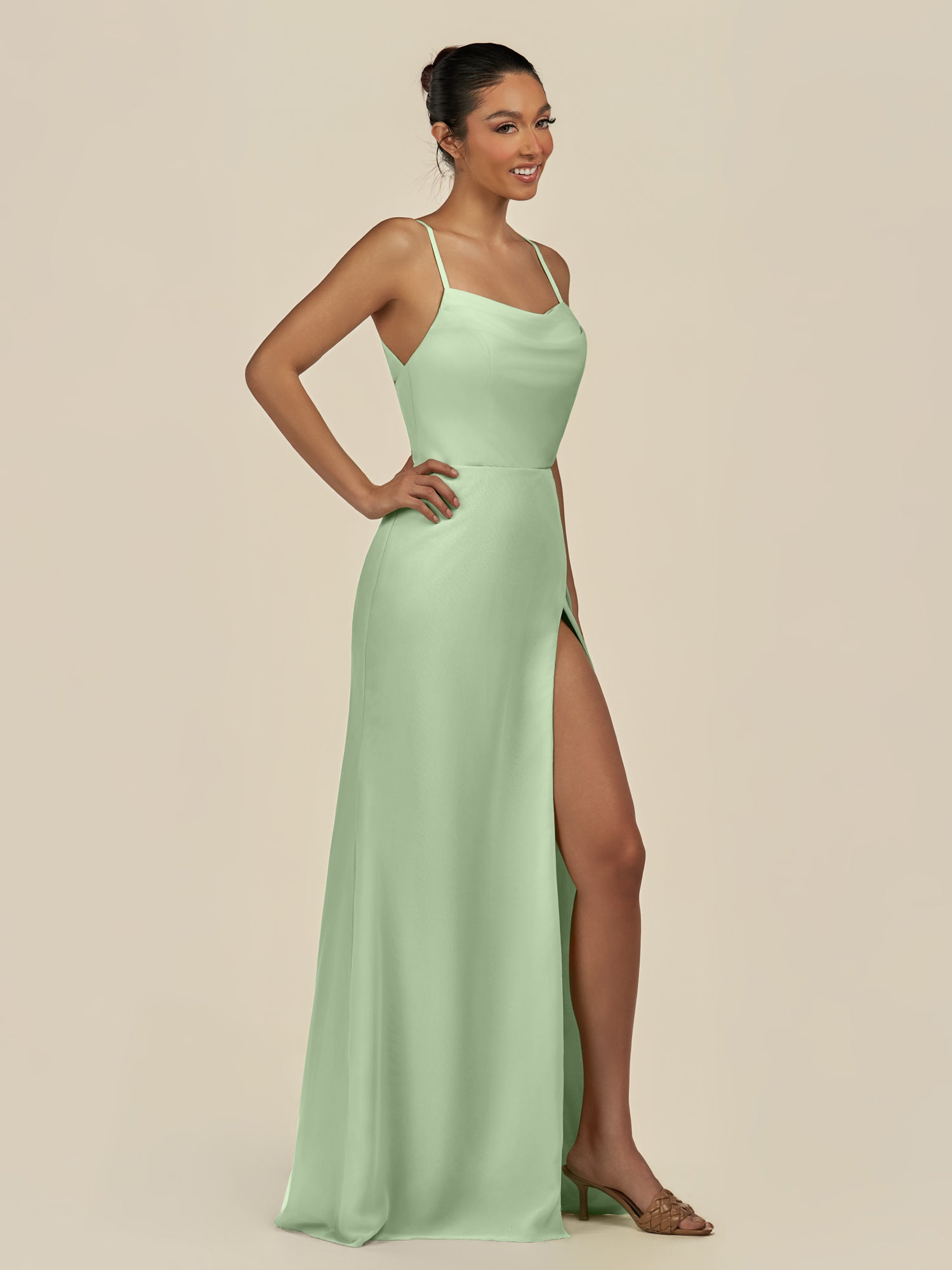 KissDress-Unity Sage Sheath Spaghetti Straps Chiffon Ruched Long Bridesmaid Dress