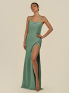 KissDress-Unity Sea Glass Sheath Spaghetti Straps Chiffon Ruched Long Bridesmaid Dress