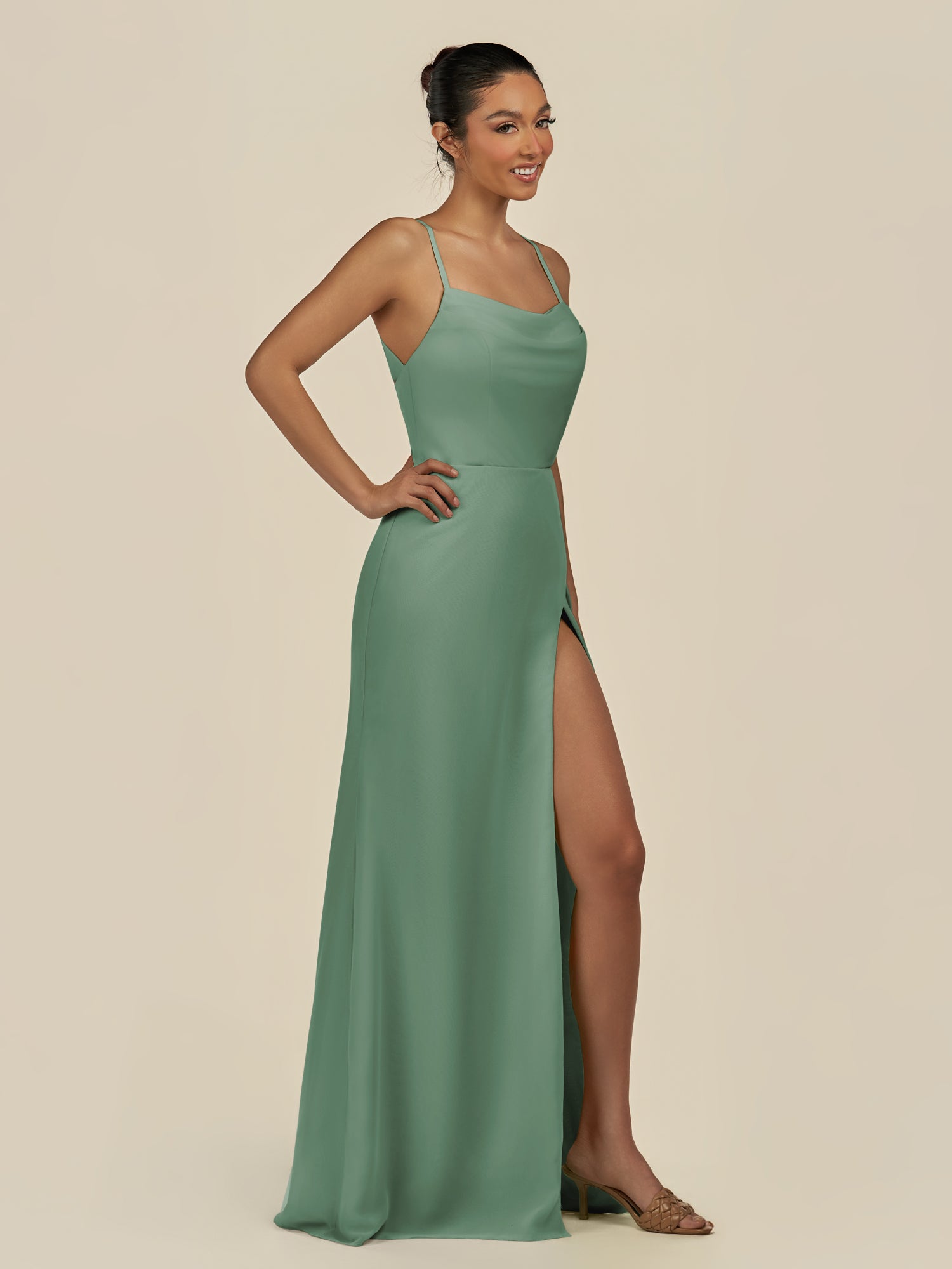 KissDress-Unity Sea Glass Sheath Spaghetti Straps Chiffon Ruched Long Bridesmaid Dress