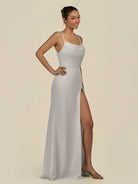 KissDress-Unity Silver Sheath Spaghetti Straps Chiffon Ruched Long Bridesmaid Dress