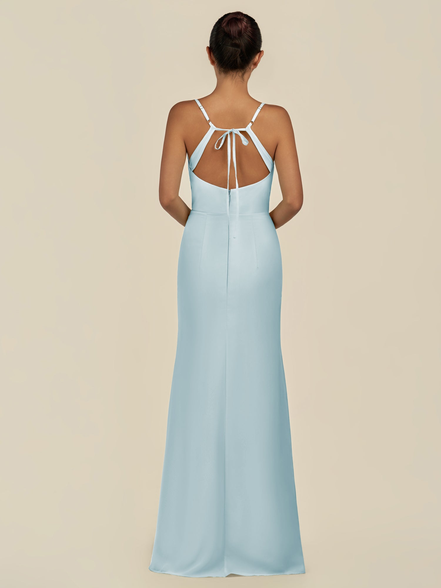KissDress-Unity Sky Blue Sheath Spaghetti Straps Chiffon Ruched Long Bridesmaid Dress