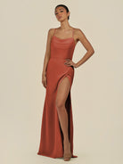 KissDress-Unity Spice Sheath Spaghetti Straps Chiffon Ruched Long Bridesmaid Dress
