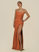 KissDress-Unity Terracotta Sheath Spaghetti Straps Chiffon Ruched Long Bridesmaid Dress
