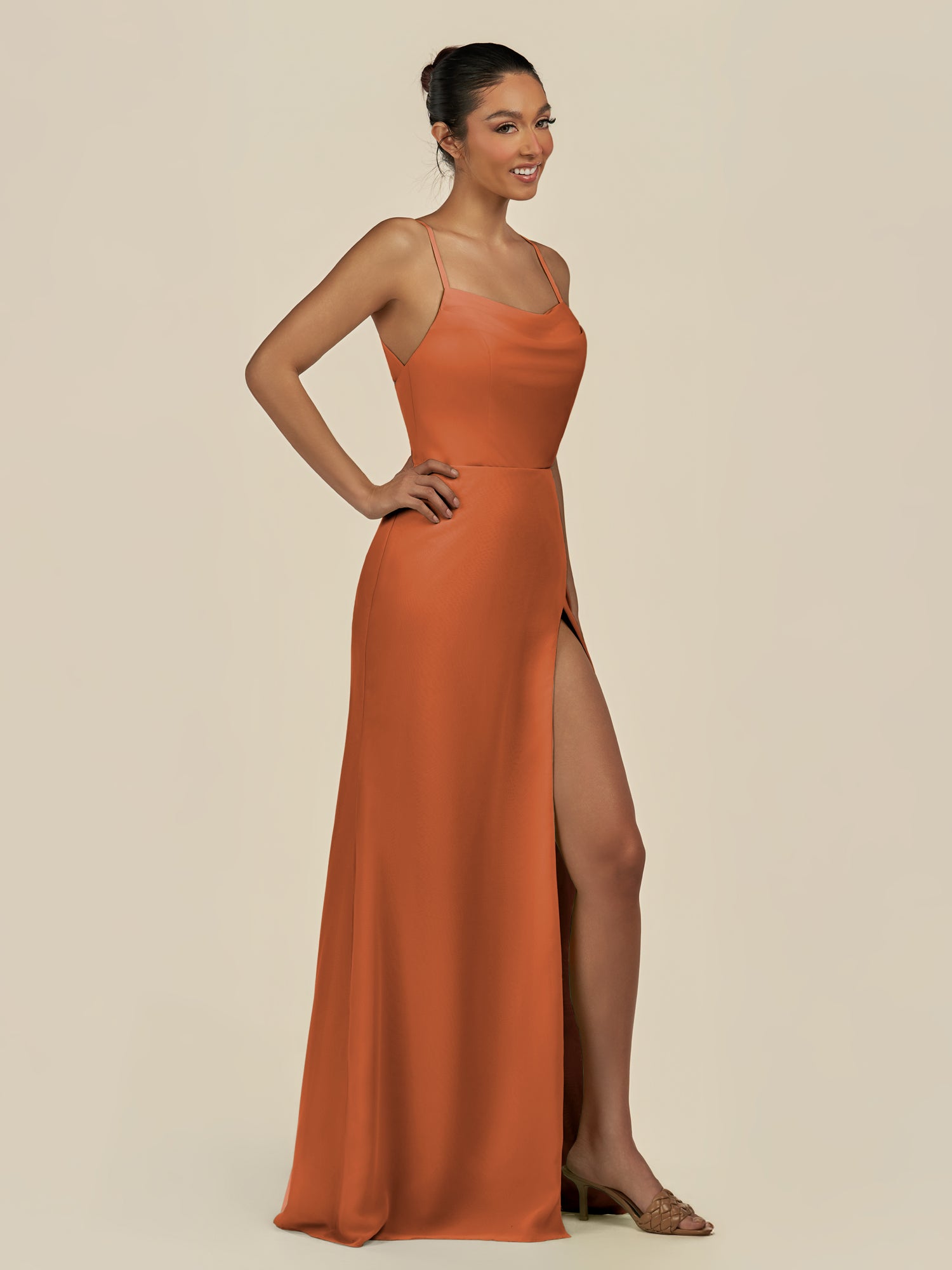 KissDress-Unity Terracotta Sheath Spaghetti Straps Chiffon Ruched Long Bridesmaid Dress